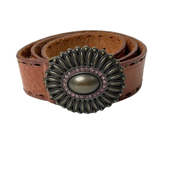 Fossil boho leather Studded Distressed Western Belt Rhinestone Brass Buckle Sz S - Picture 2 of 8